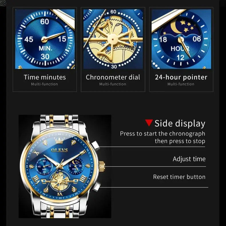 OLEVS Stainless Steel Flywheel Skeleton Chronograph Moon Phase Watch