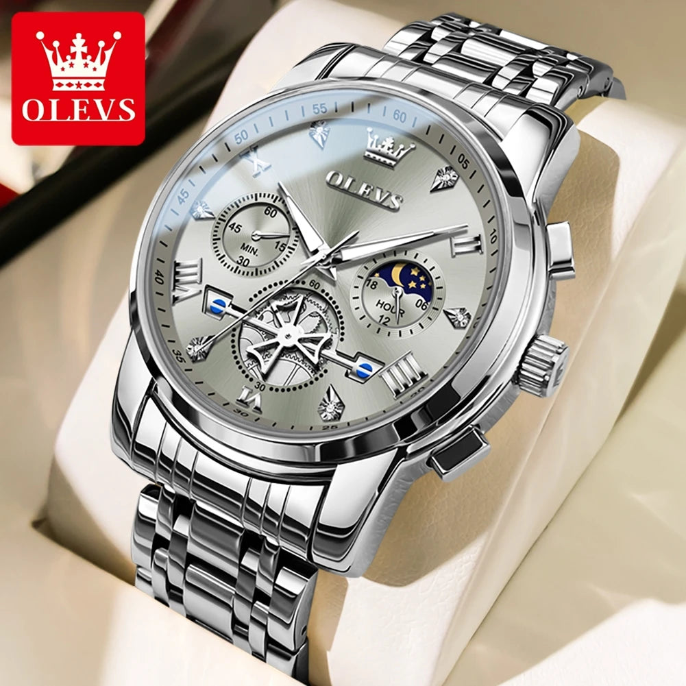 OLEVS Stainless Steel Flywheel Skeleton Chronograph Moon Phase Watch