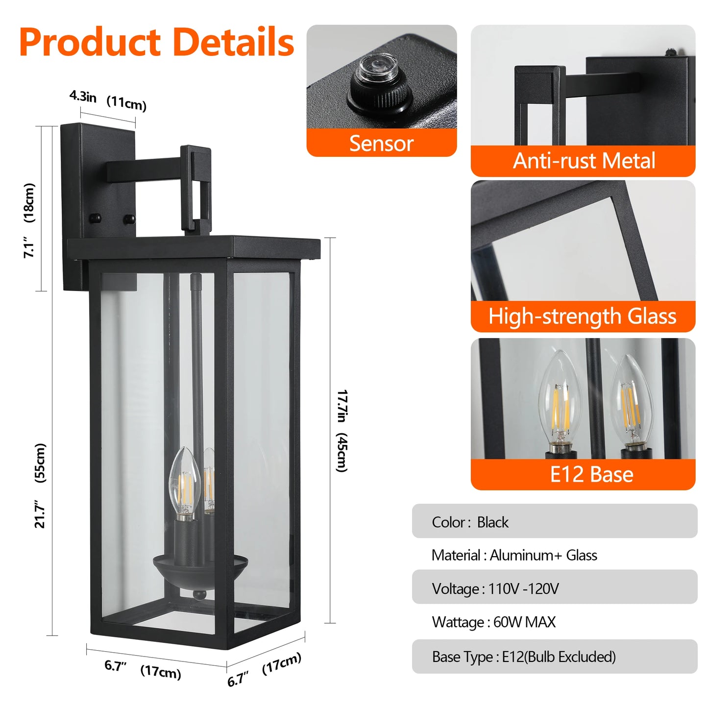 ARLGSITE Outdoor Wall Lantern With Dusk To Dawn Sensor Clear Glass Panels