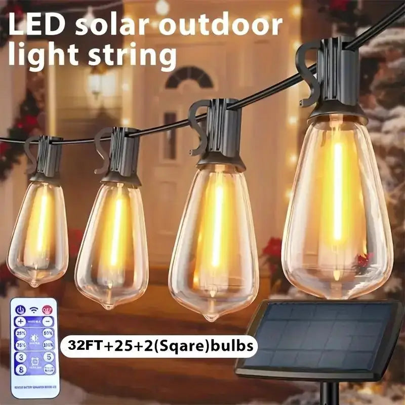 Solar Rechargeable LED String Lights 25 Plus 2 Edison Bulbs