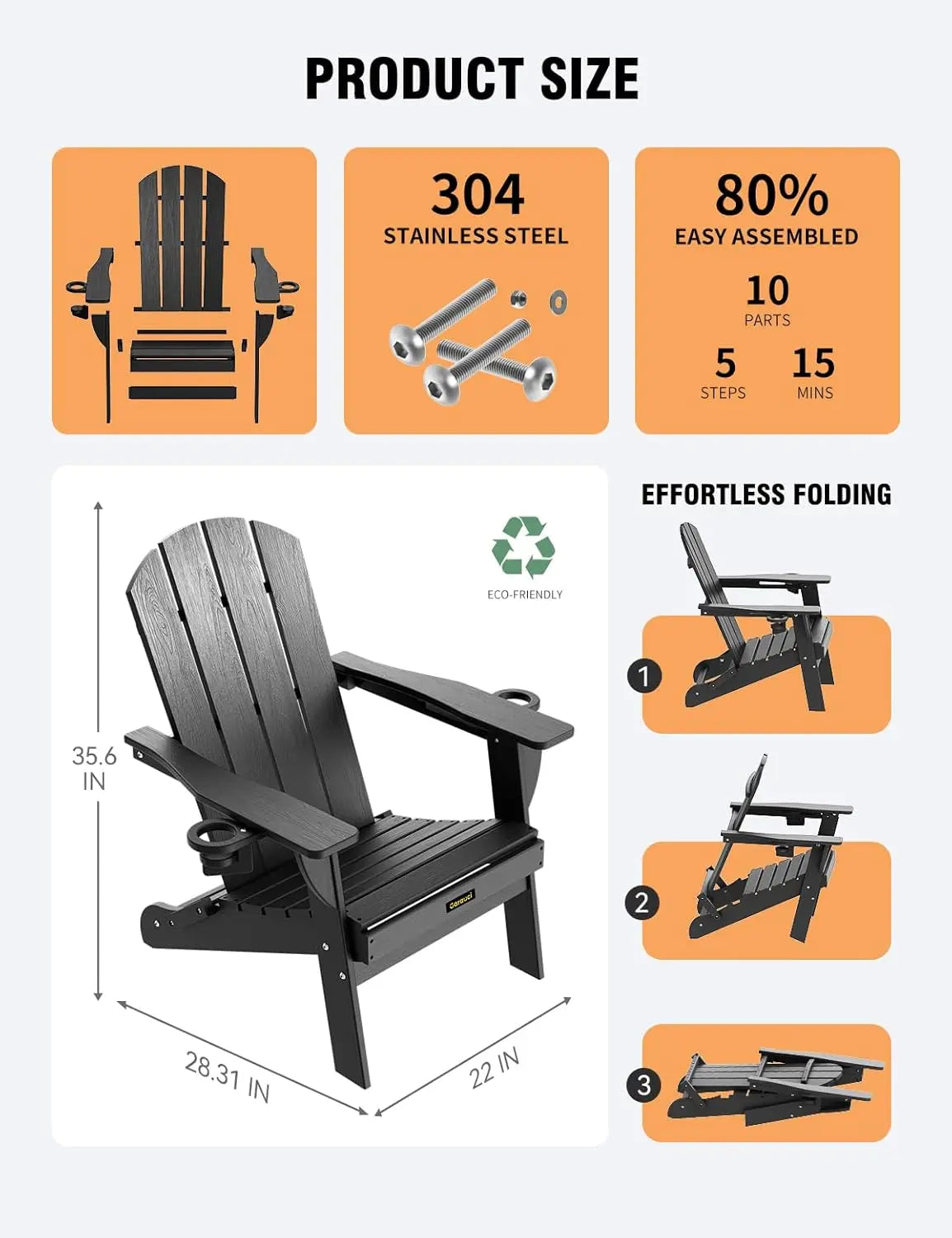 HDPE Wood Grain Folding Adirondack Chair Set With Cup Holders