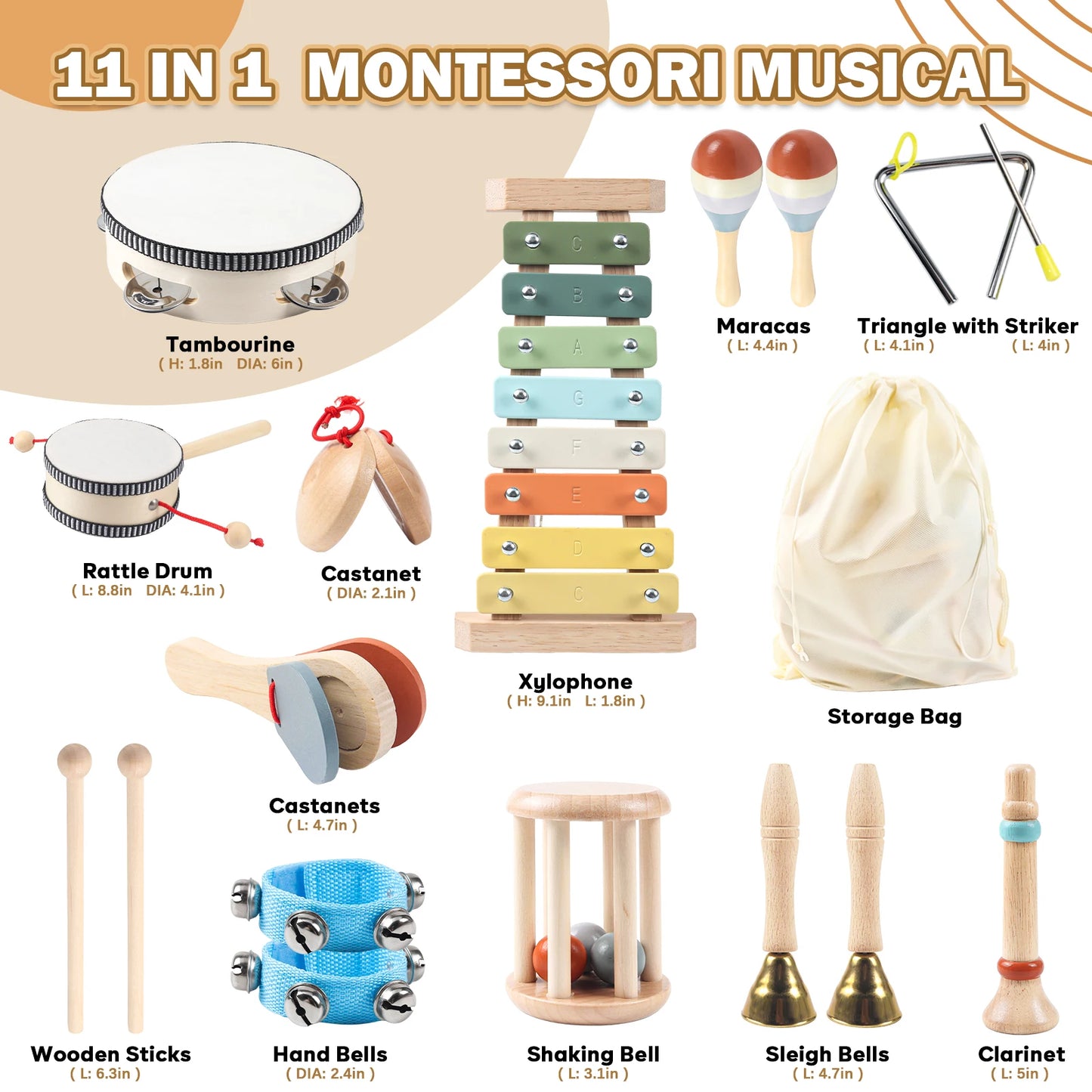 11 In 1 Toddler Wooden Musical Instruments Set For Kids