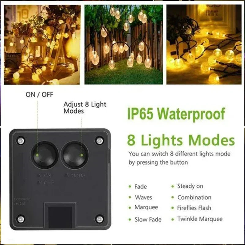 Solar Crystal String Lights Outdoor Fairy Garland 8 Modes Waterproof