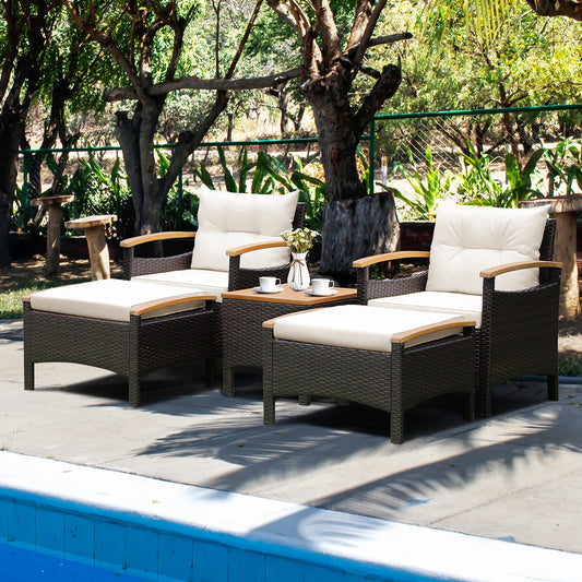 HOMASIS 5-Piece Patio Rattan Sofa Set With Cushioned Wood Top