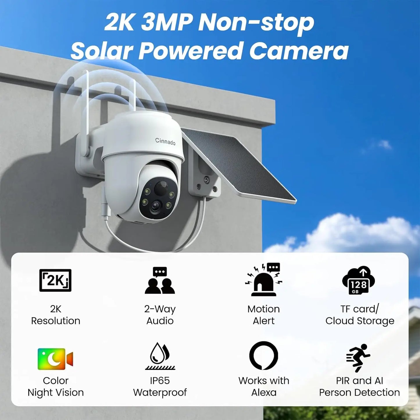2K Wireless Outdoor Security Camera Solar Powered 360 AI Detection