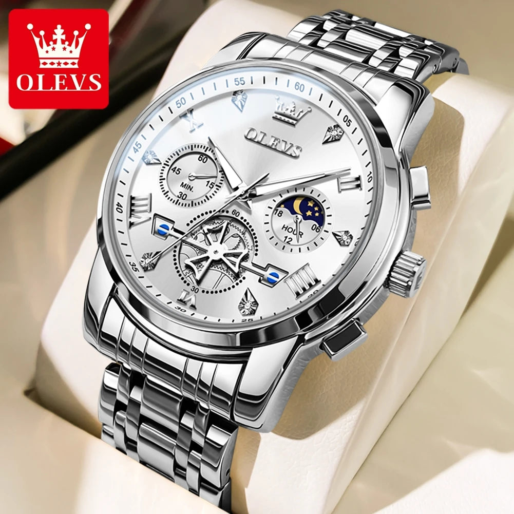 OLEVS Stainless Steel Flywheel Skeleton Chronograph Moon Phase Watch