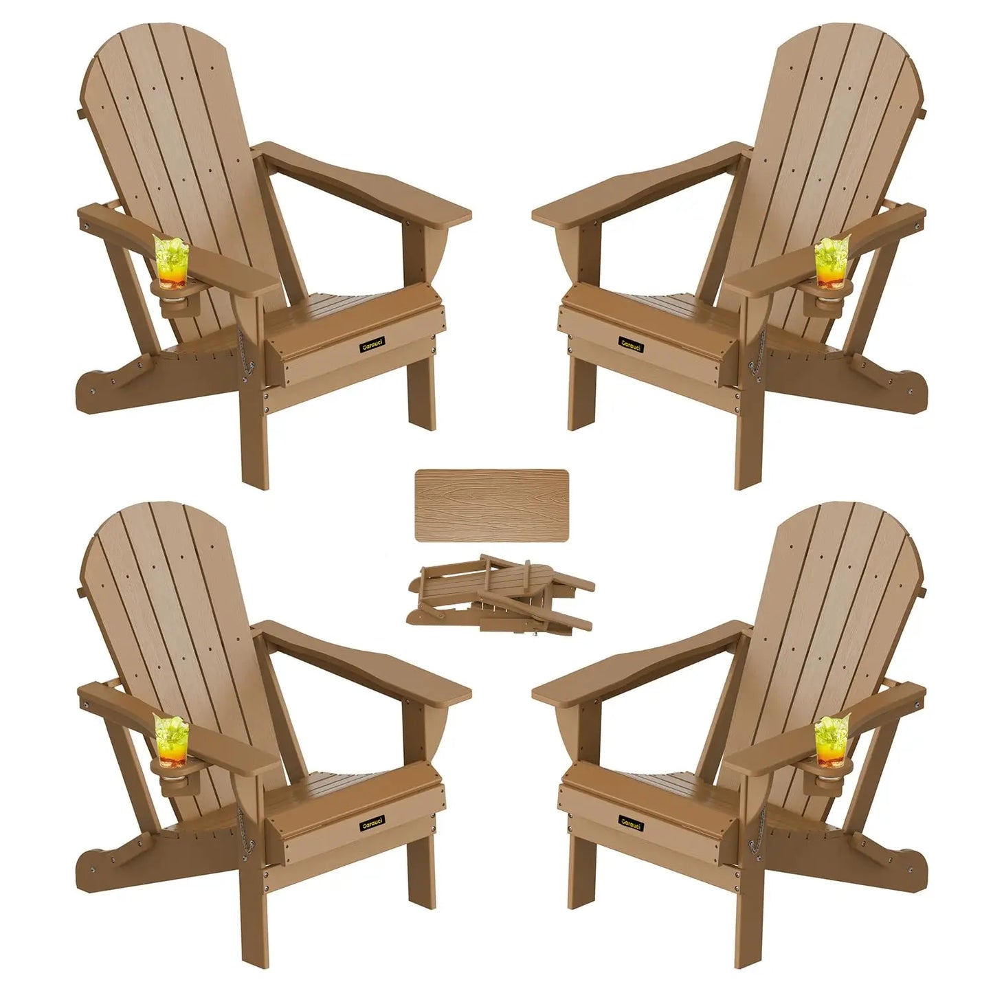 HDPE Wood Grain Folding Adirondack Chair Set With Cup Holders
