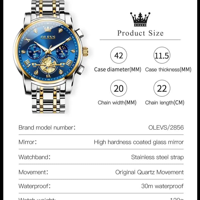 OLEVS Stainless Steel Flywheel Skeleton Chronograph Moon Phase Watch