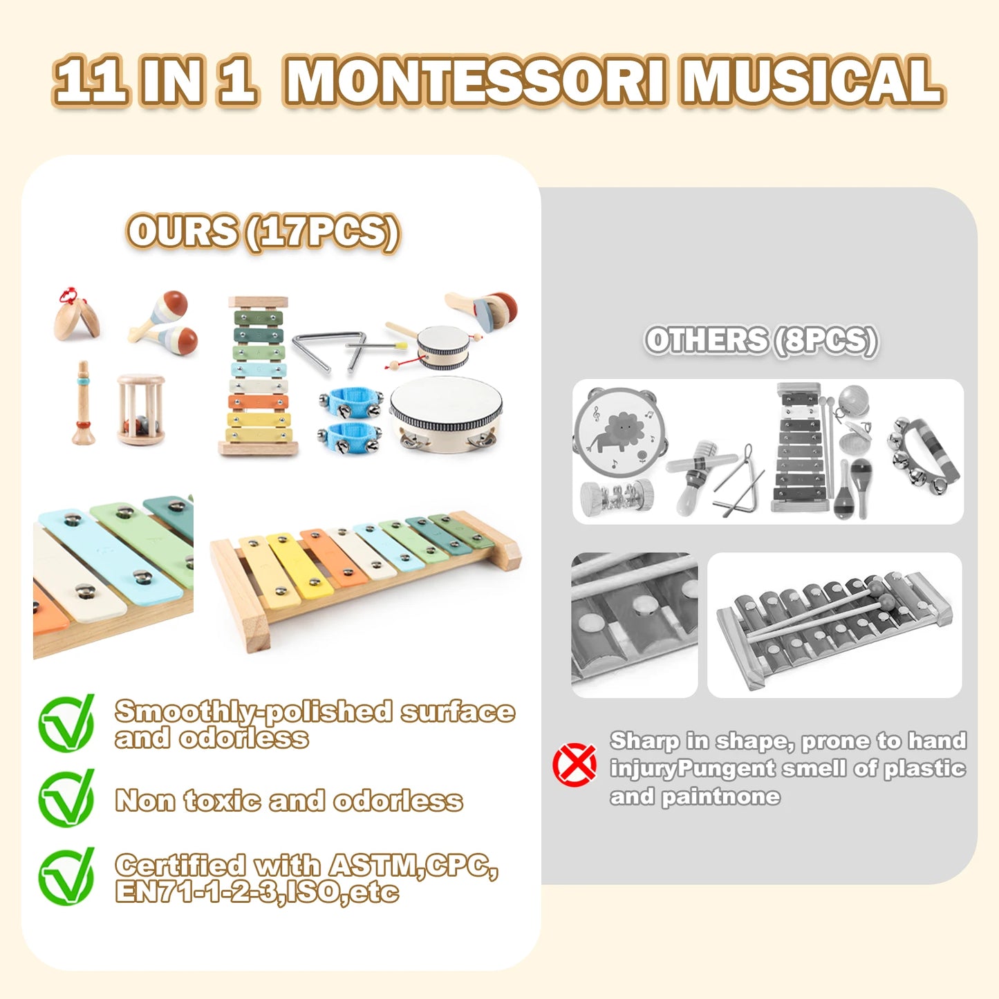 11 In 1 Toddler Wooden Musical Instruments Set For Kids