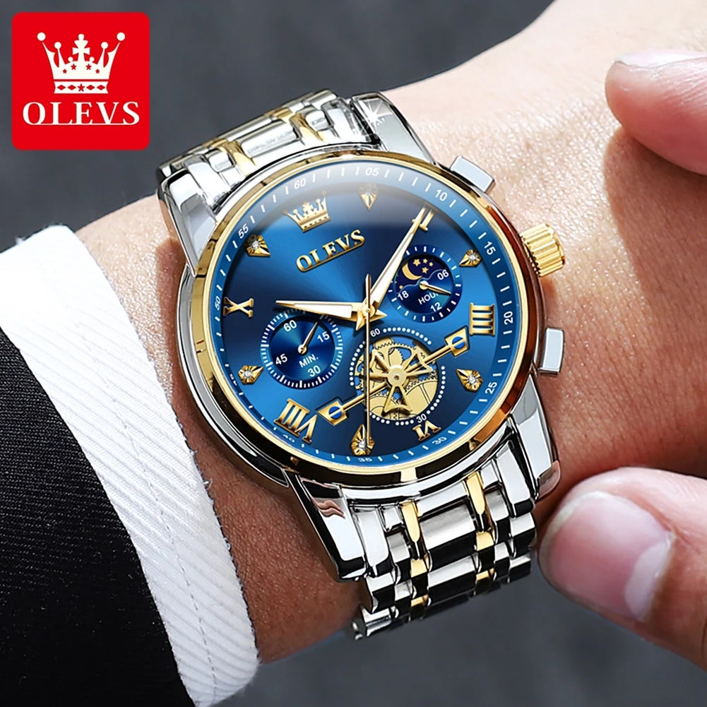 OLEVS Stainless Steel Flywheel Skeleton Chronograph Moon Phase Watch