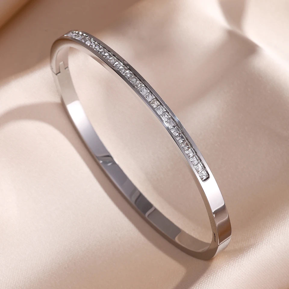 ZAKOL Sparkling Zirconia Inlaid Stainless Steel Stackable Bracelets for Women