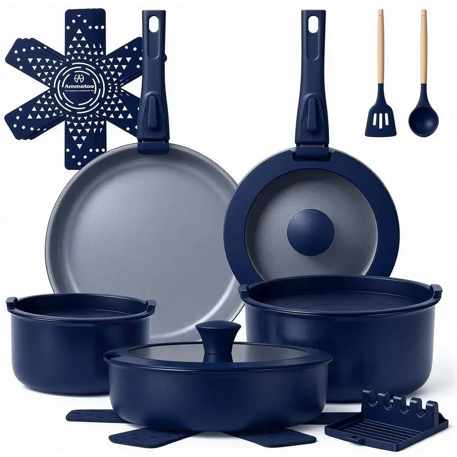 XMSJ 18 Piece Ceramic Cookware Set Nonstick With Removable Handles