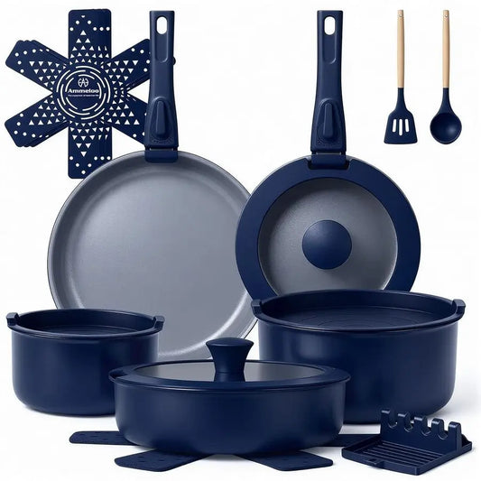 XMSJ 18 Piece Ceramic Cookware Set Nonstick With Removable Handles