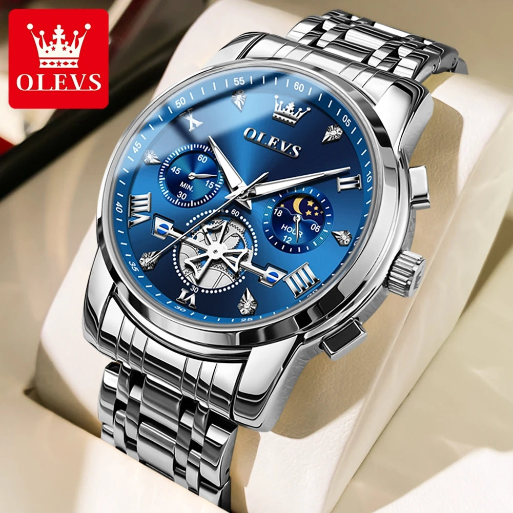 OLEVS Stainless Steel Flywheel Skeleton Chronograph Moon Phase Watch