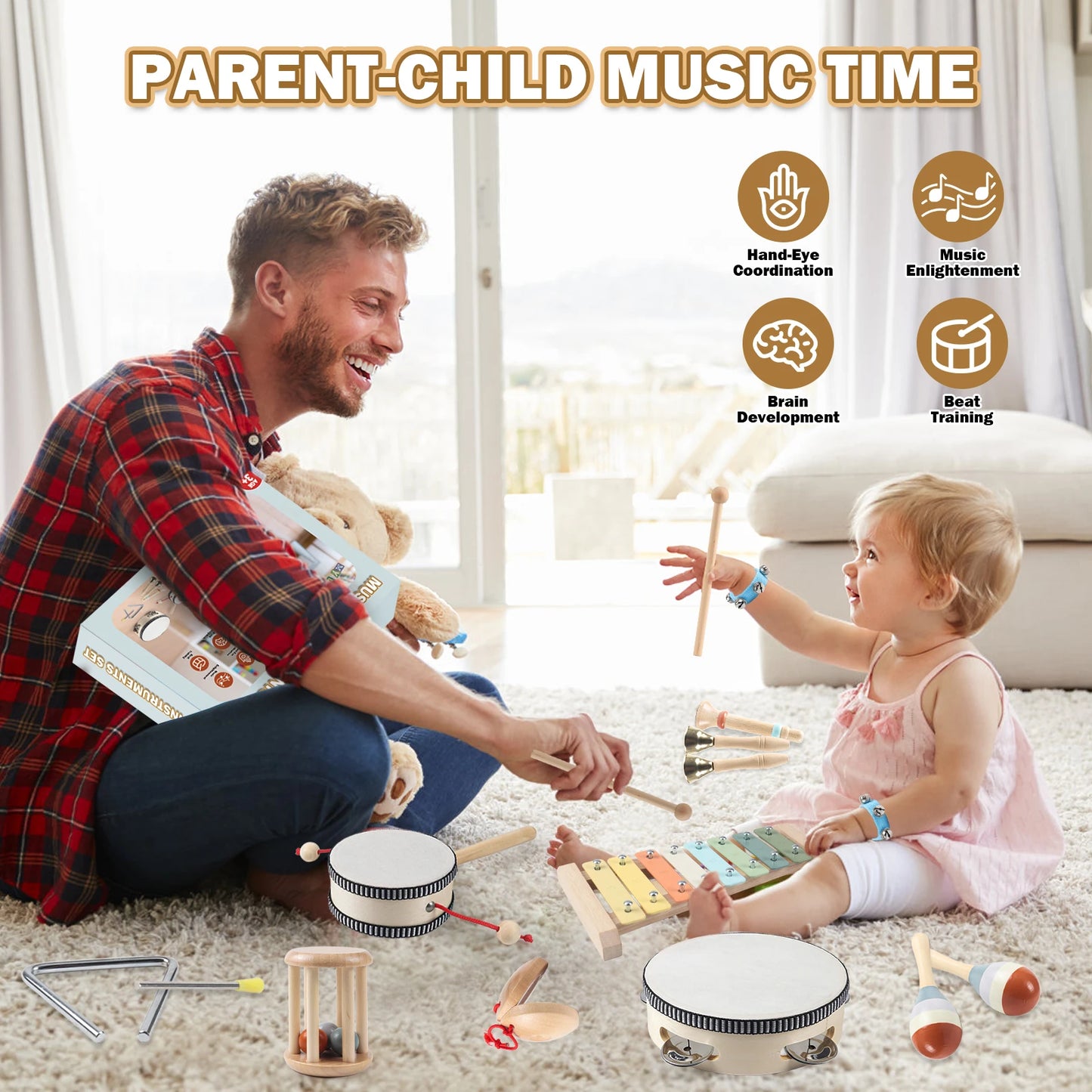11 In 1 Toddler Wooden Musical Instruments Set For Kids