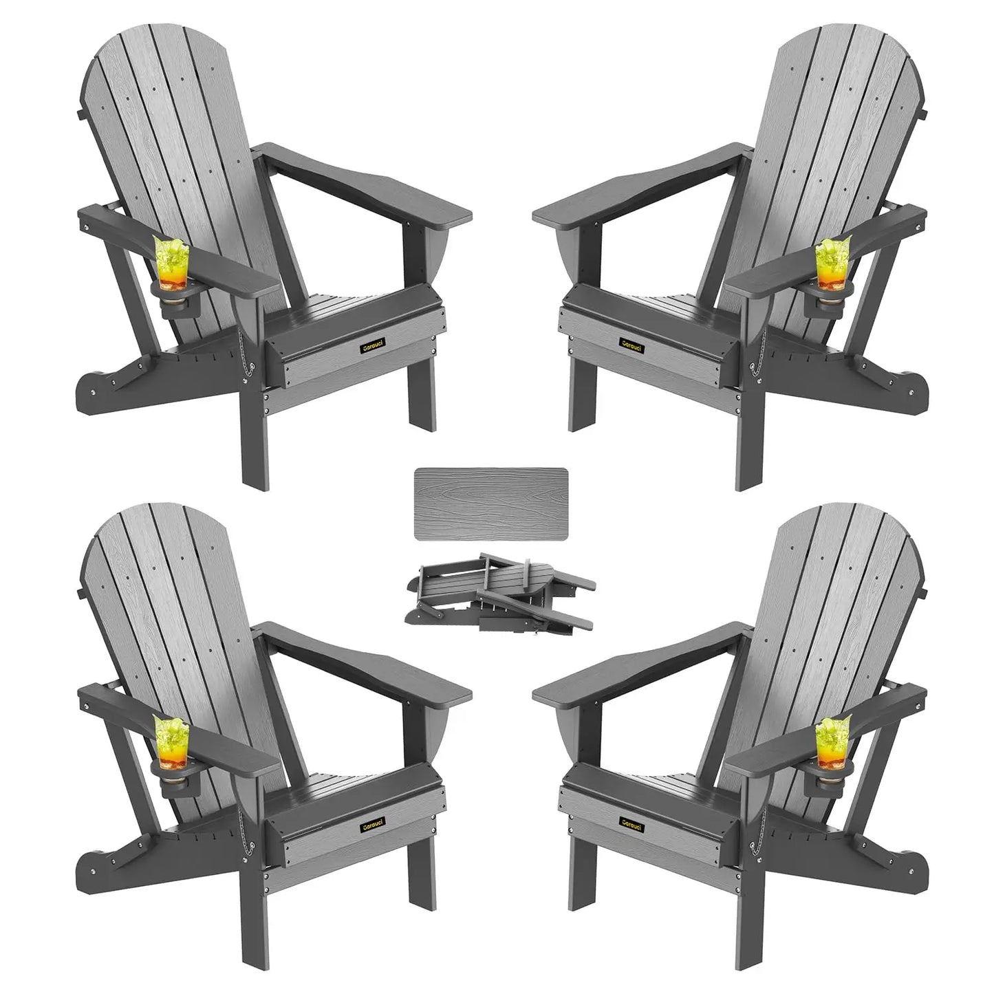 HDPE Wood Grain Folding Adirondack Chair Set With Cup Holders