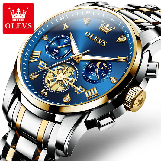 OLEVS Stainless Steel Flywheel Skeleton Chronograph Moon Phase Watch