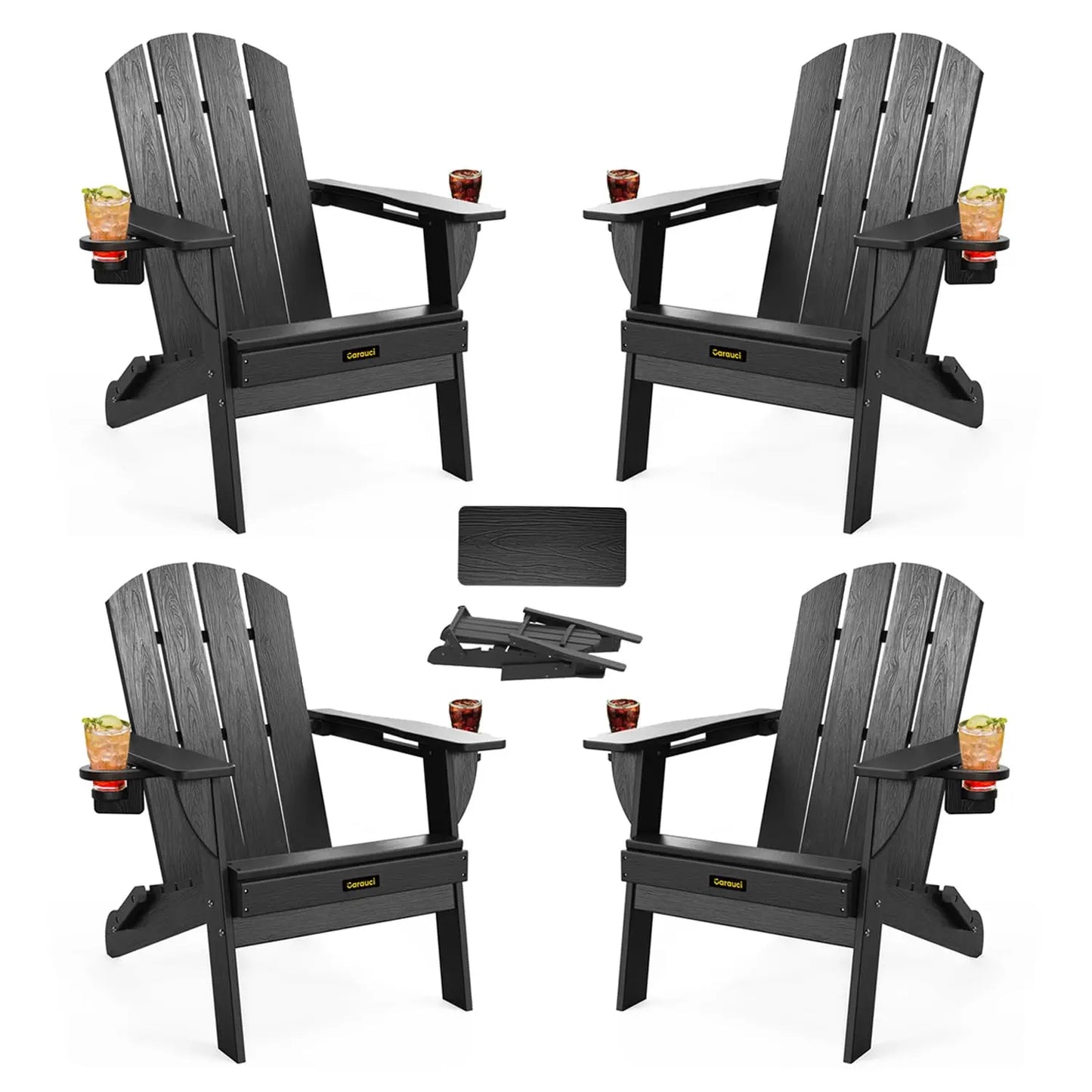 HDPE Wood Grain Folding Adirondack Chair Set With Cup Holders