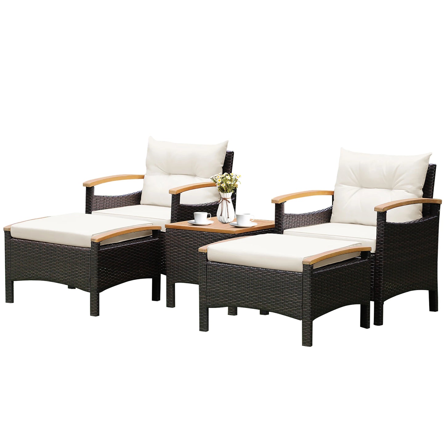 HOMASIS 5-Piece Patio Rattan Sofa Set With Cushioned Wood Top