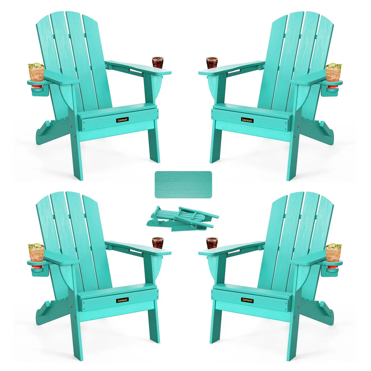 HDPE Wood Grain Folding Adirondack Chair Set With Cup Holders