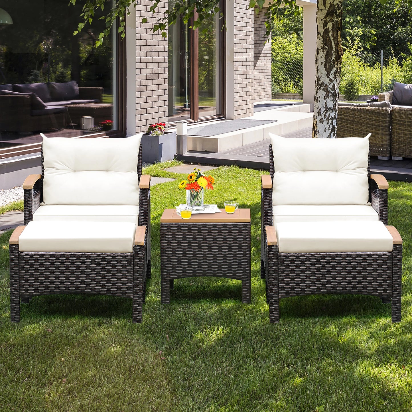 HOMASIS 5-Piece Patio Rattan Sofa Set With Cushioned Wood Top