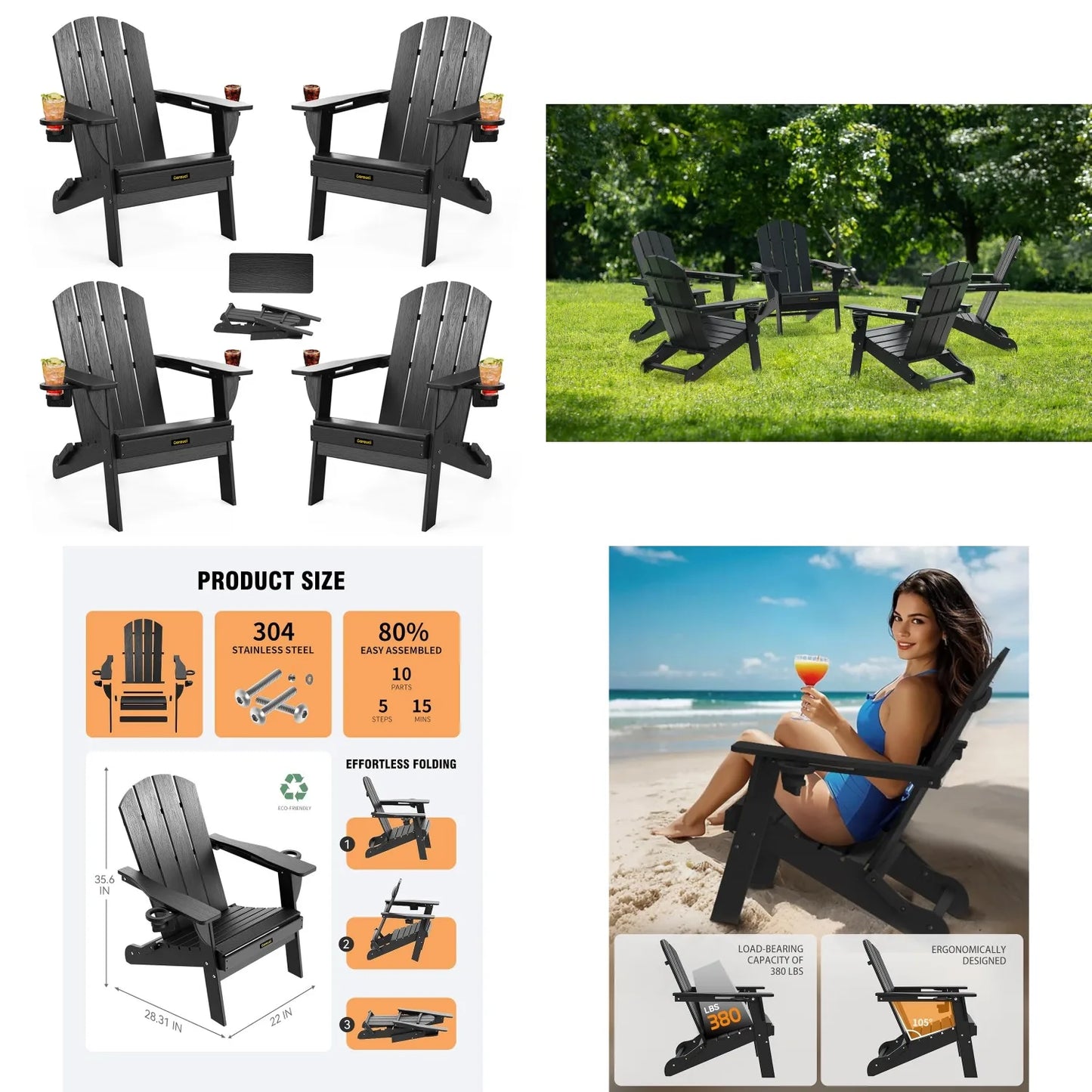 HDPE Wood Grain Folding Adirondack Chair Set With Cup Holders