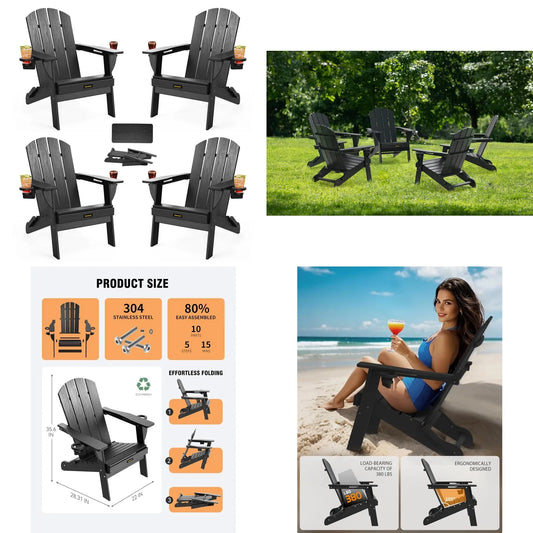 HDPE Wood Grain Folding Adirondack Chair Set With Cup Holders