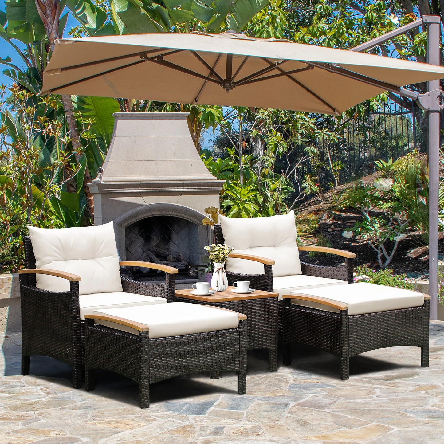 HOMASIS 5-Piece Patio Rattan Sofa Set With Cushioned Wood Top