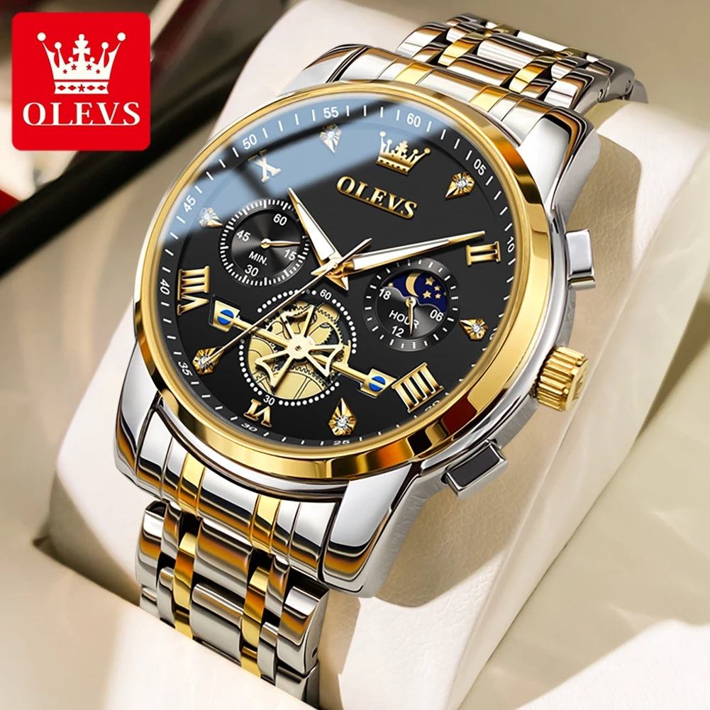 OLEVS Stainless Steel Flywheel Skeleton Chronograph Moon Phase Watch