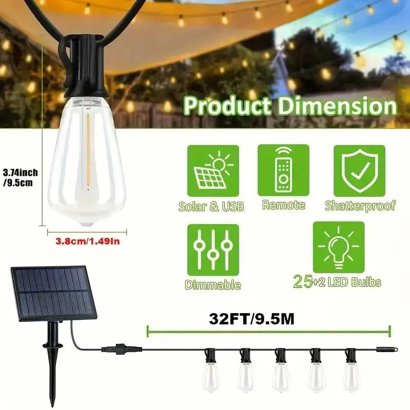 Solar Rechargeable LED String Lights 25 Plus 2 Edison Bulbs