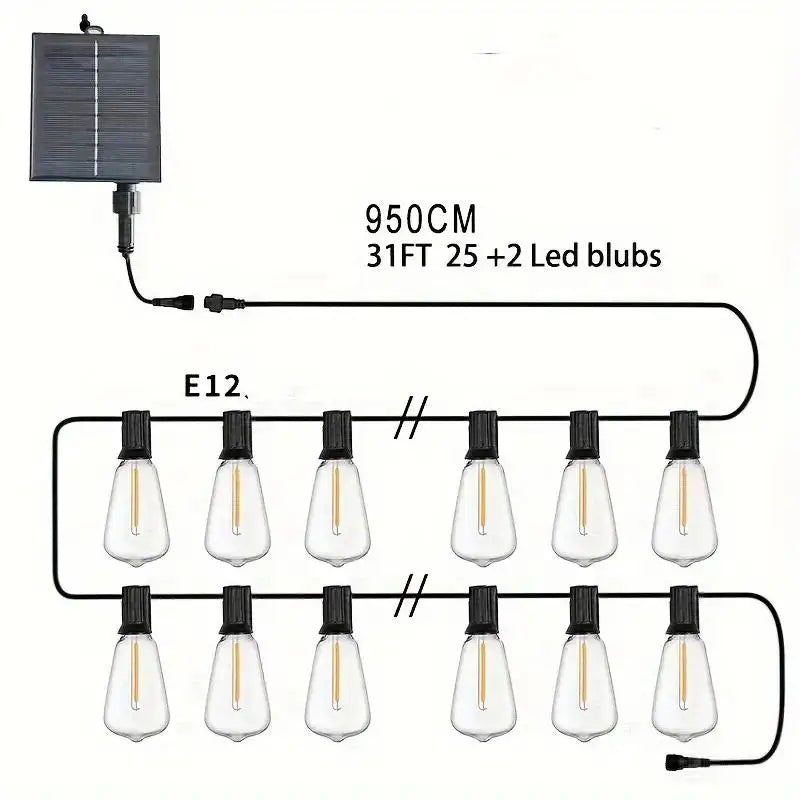 Solar Rechargeable LED String Lights 25 Plus 2 Edison Bulbs