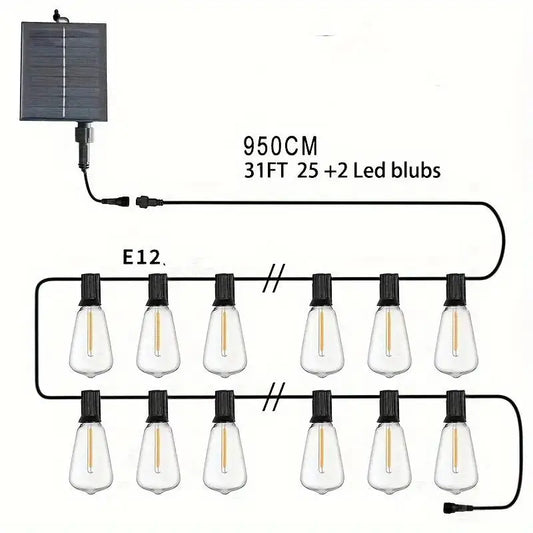 Solar Rechargeable LED String Lights 25 Plus 2 Edison Bulbs