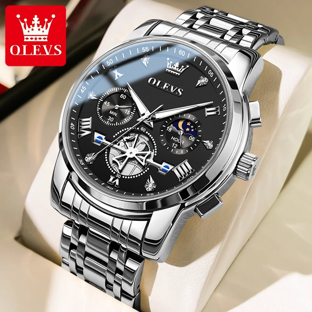 OLEVS Stainless Steel Flywheel Skeleton Chronograph Moon Phase Watch