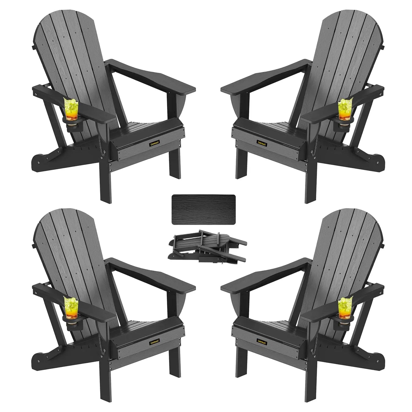 HDPE Wood Grain Folding Adirondack Chair Set With Cup Holders