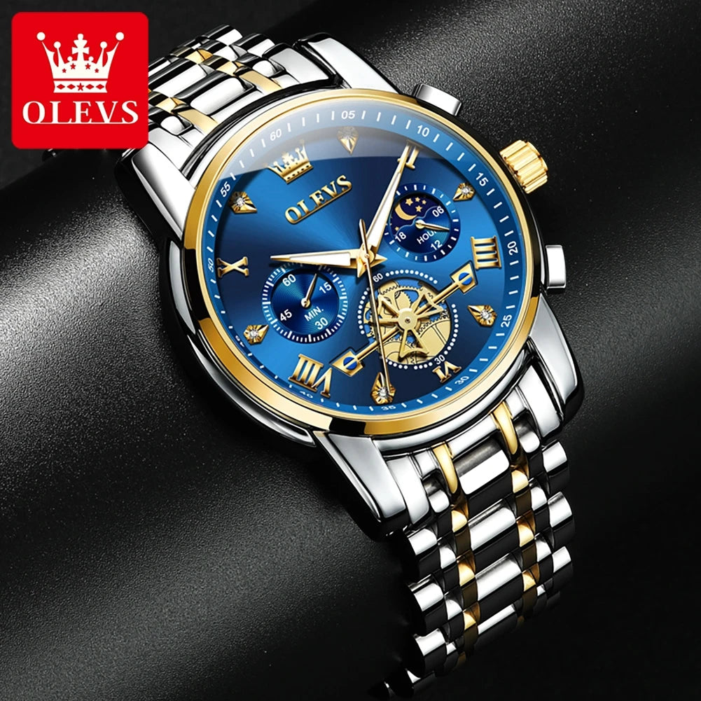 OLEVS Stainless Steel Flywheel Skeleton Chronograph Moon Phase Watch