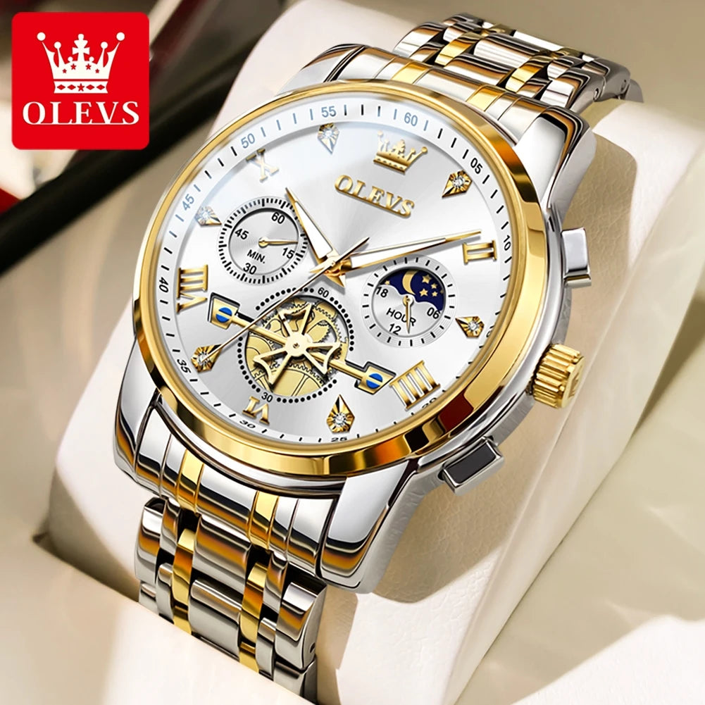 OLEVS Stainless Steel Flywheel Skeleton Chronograph Moon Phase Watch