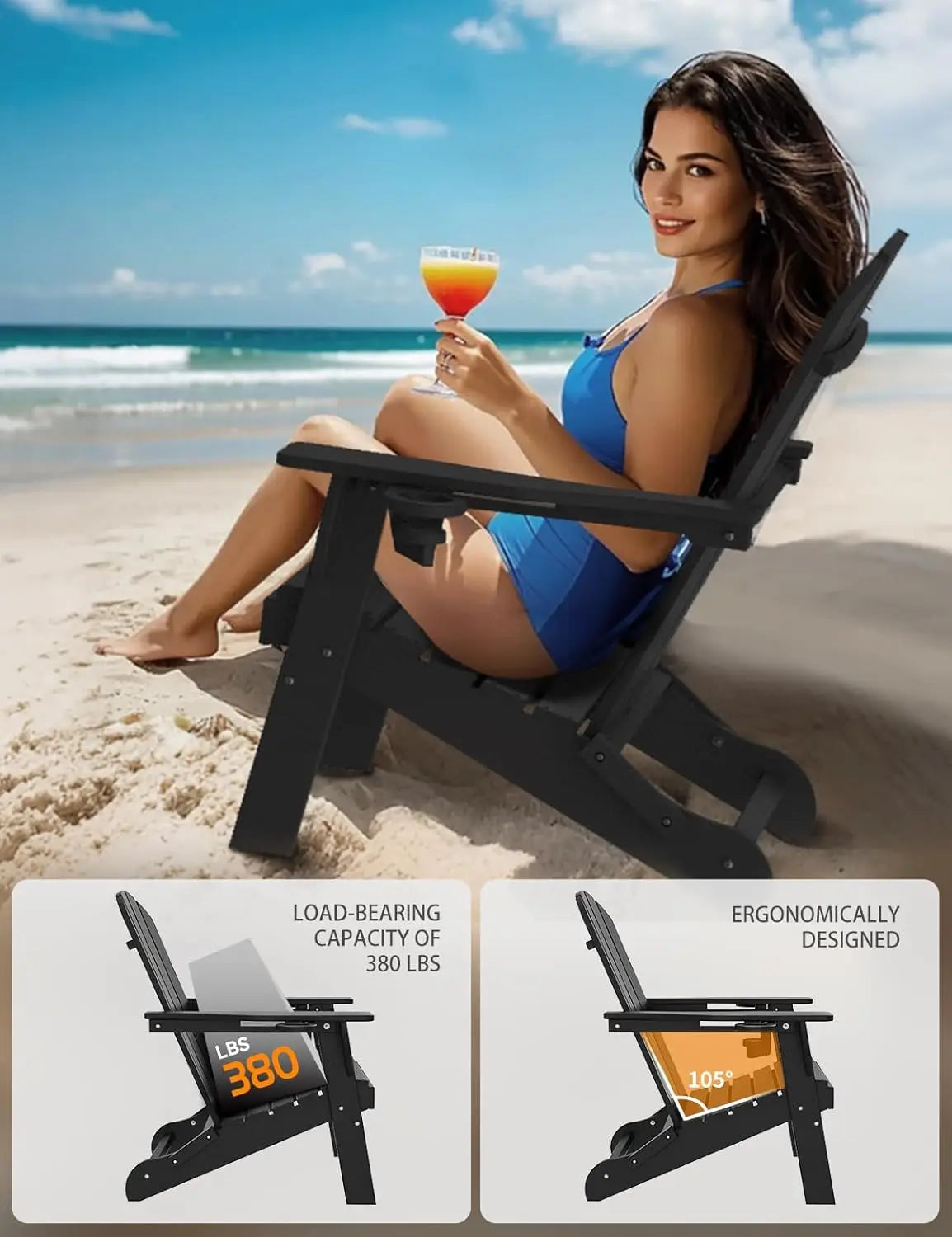 HDPE Wood Grain Folding Adirondack Chair Set With Cup Holders