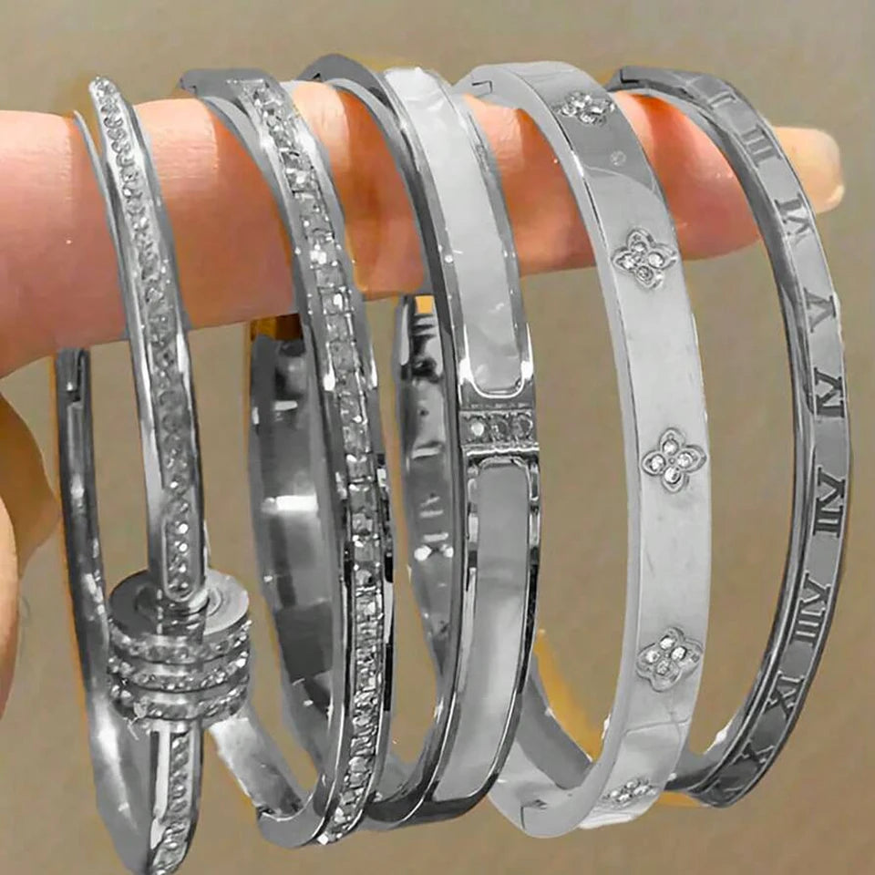 ZAKOL Sparkling Zirconia Inlaid Stainless Steel Stackable Bracelets for Women
