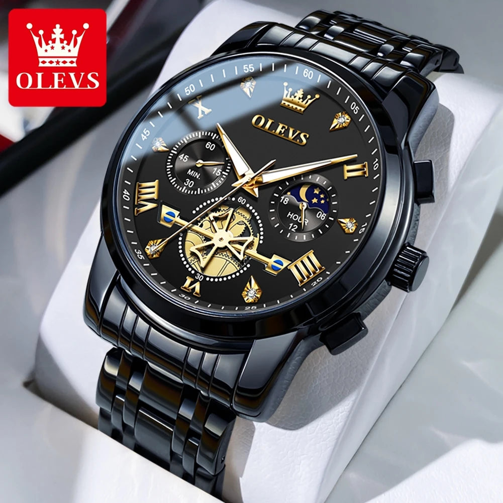 OLEVS Stainless Steel Flywheel Skeleton Chronograph Moon Phase Watch