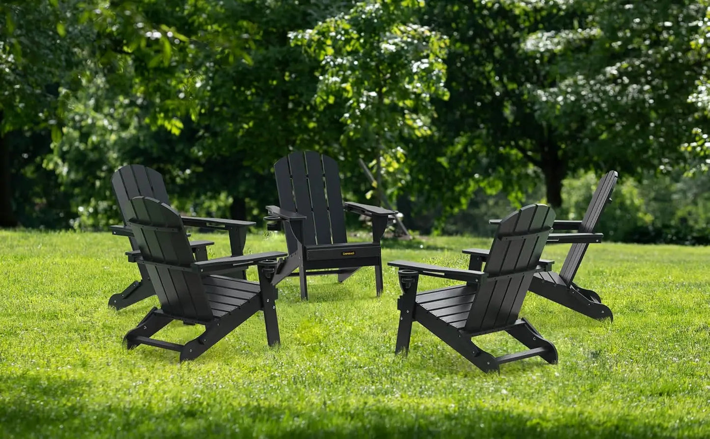HDPE Wood Grain Folding Adirondack Chair Set With Cup Holders