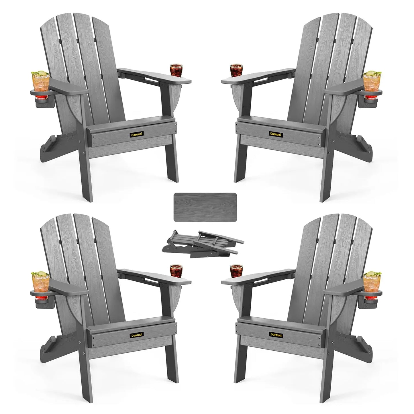 HDPE Wood Grain Folding Adirondack Chair Set With Cup Holders