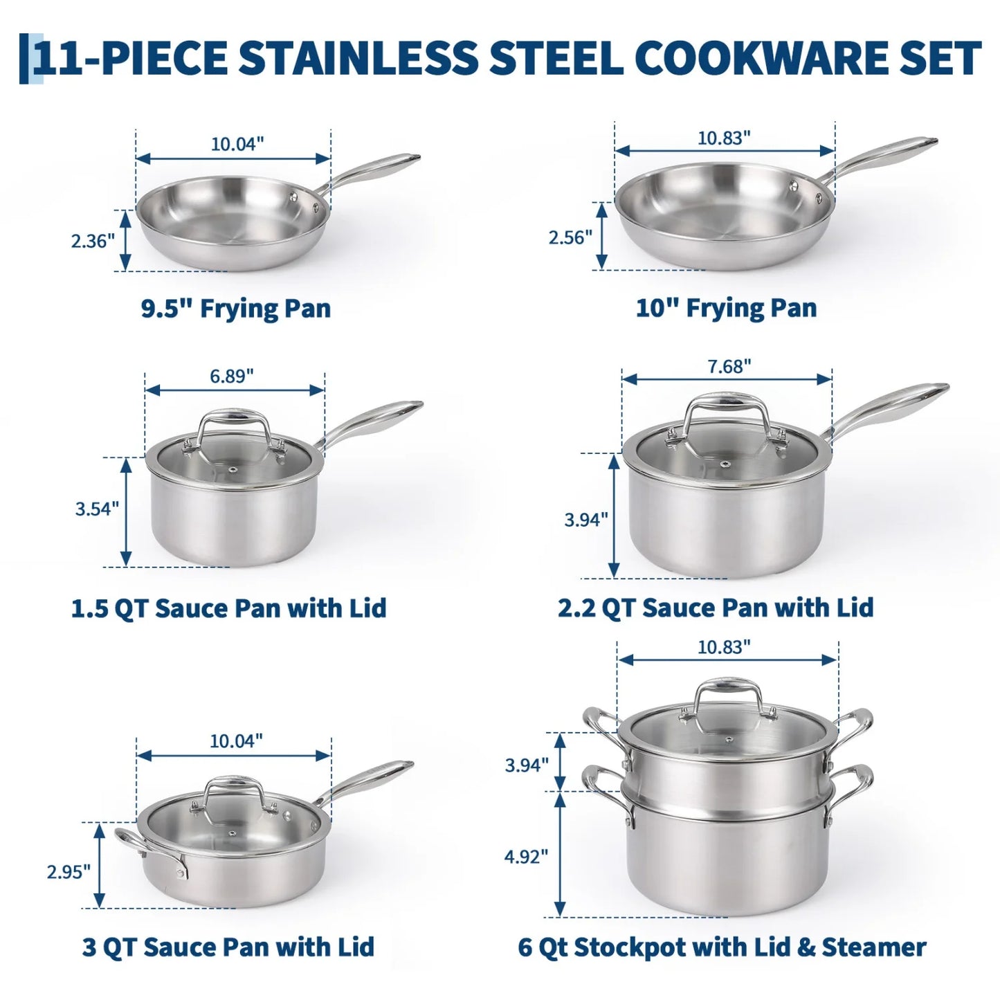 HiMISS 11-Piece 3-Ply Stainless Steel Cookware Set With Lids