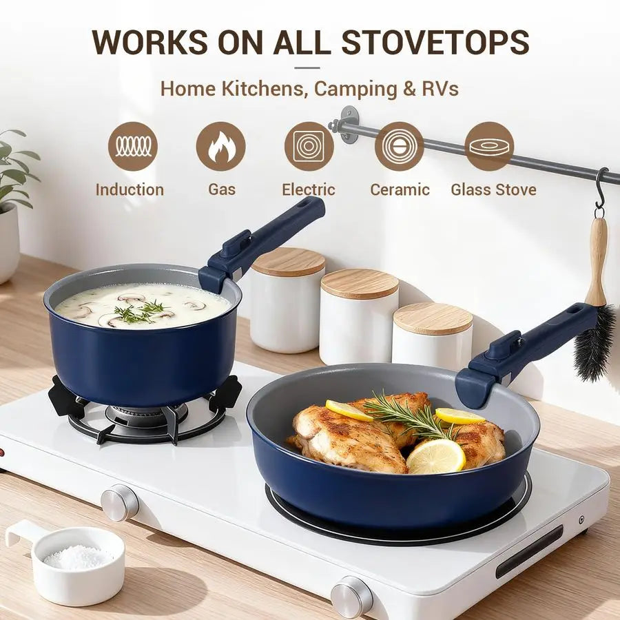 XMSJ 18 Piece Ceramic Cookware Set Nonstick With Removable Handles