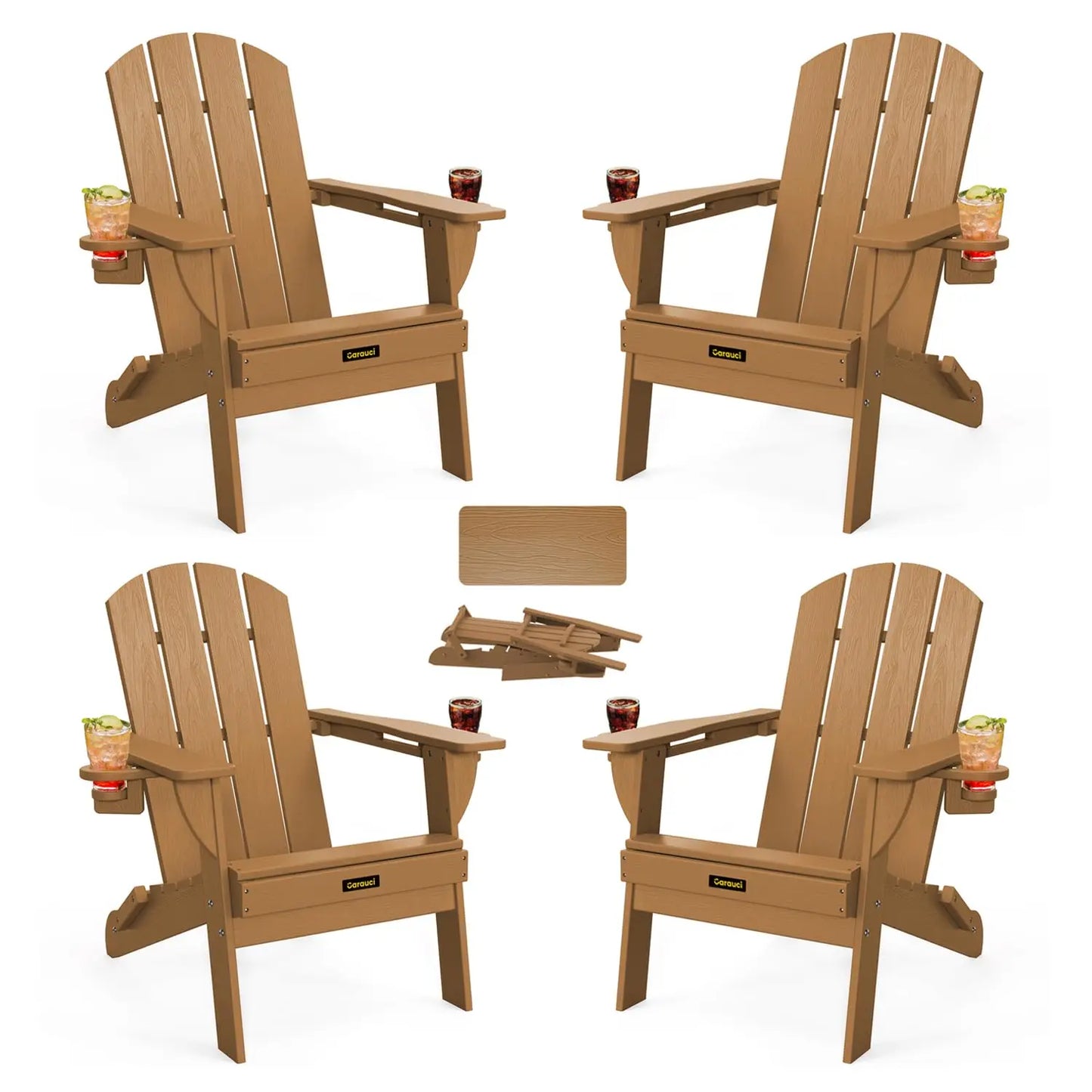 HDPE Wood Grain Folding Adirondack Chair Set With Cup Holders