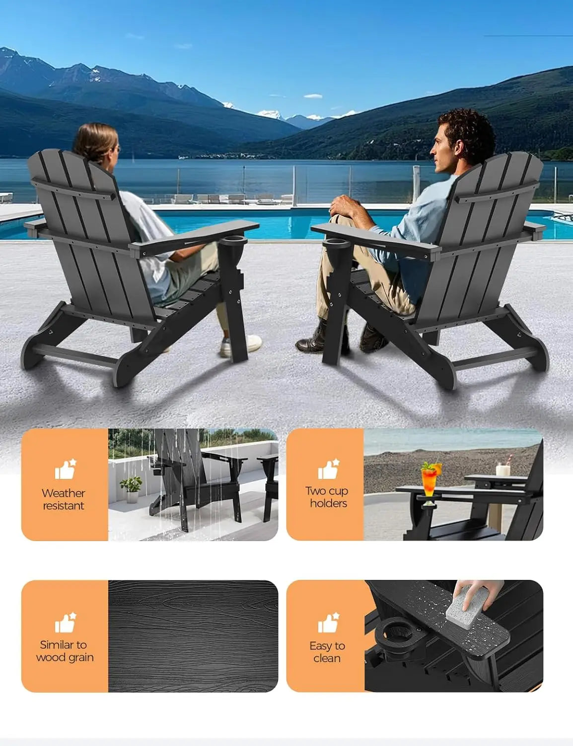 HDPE Wood Grain Folding Adirondack Chair Set With Cup Holders