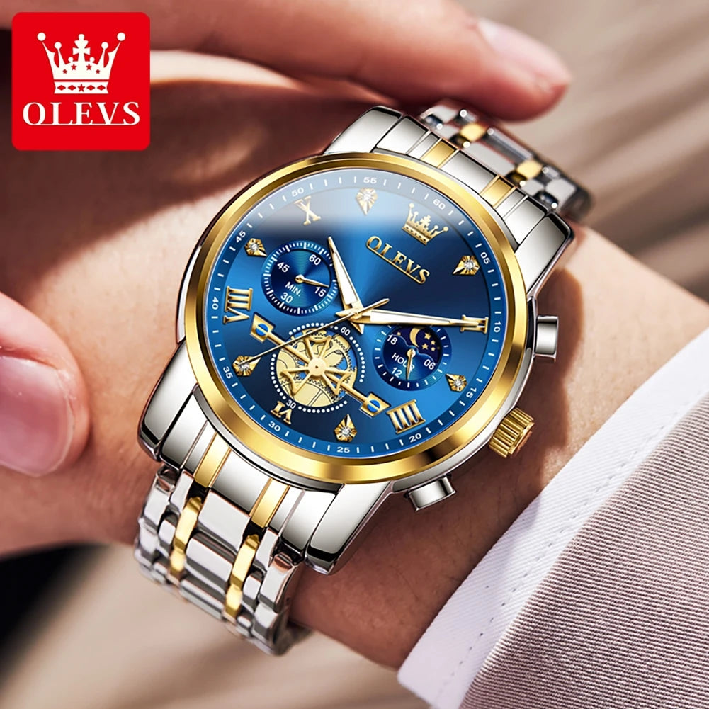 OLEVS Stainless Steel Flywheel Skeleton Chronograph Moon Phase Watch
