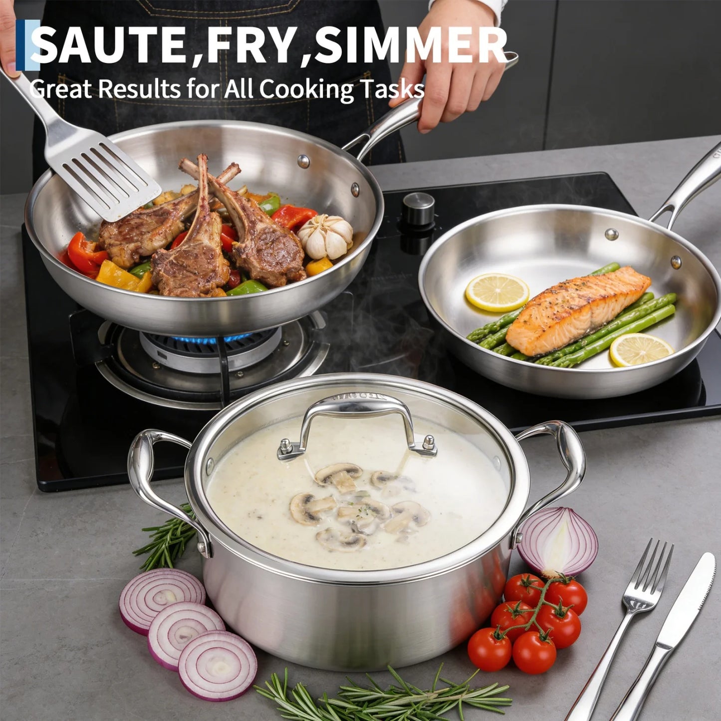HiMISS 11-Piece 3-Ply Stainless Steel Cookware Set With Lids