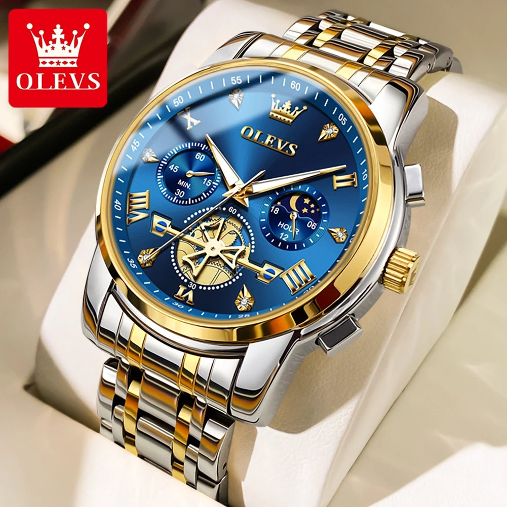 OLEVS Stainless Steel Flywheel Skeleton Chronograph Moon Phase Watch
